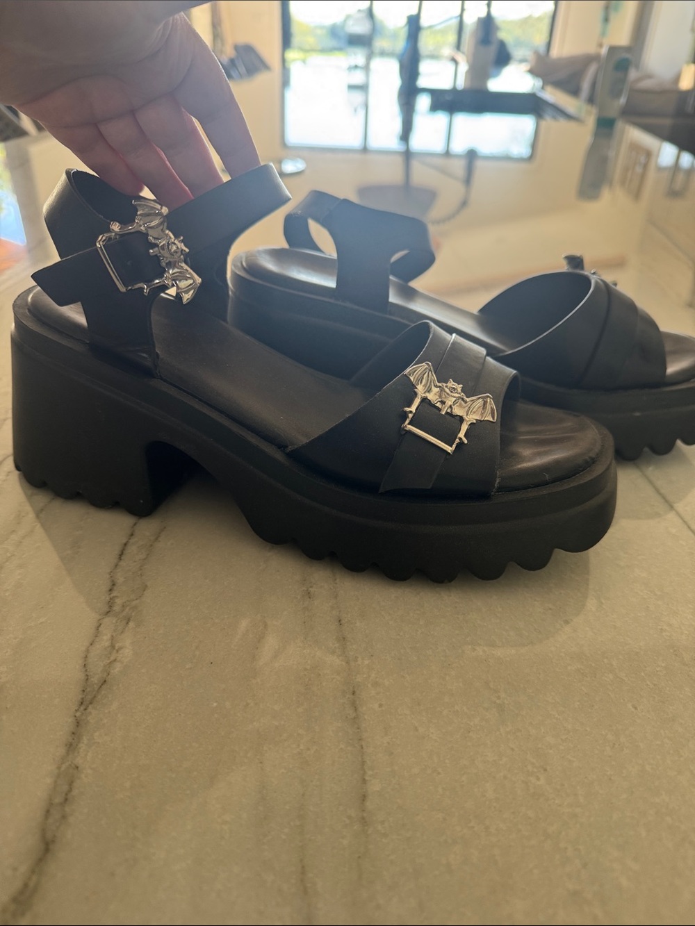 Black Platform Buckle Sandals with Bat Accent